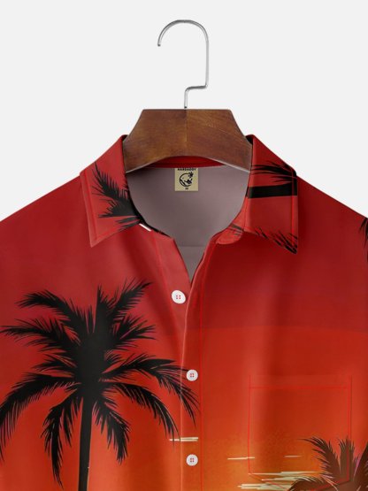 Moisture-wicking Coconut Tree Beach Chest Pocket Hawaiian Shirt