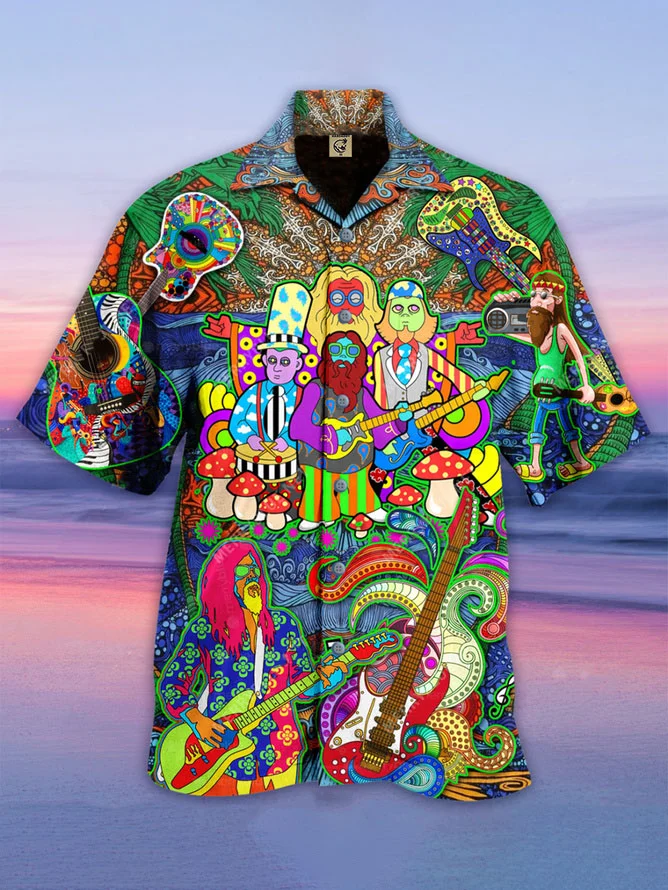 Hardaddy Hawaiian Hippie Retro Music Elements Men's Casual Short-sleeved Shirt