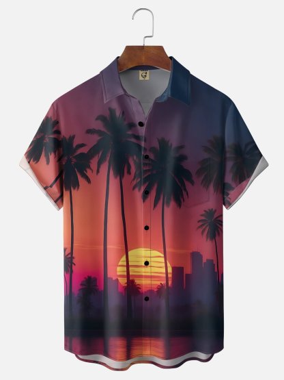Moisture-wicking Coconut Tree Beach Chest Pocket Hawaiian Shirt