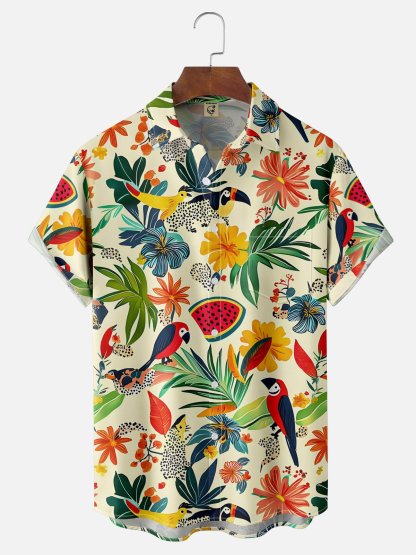 Moisture-wicking Tropical Palm Tree Parrot Floral Chest Pocket Hawaiian Shirt