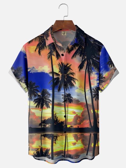 Moisture-wicking Beach Sunset Coconut Tree Chest Pocket Hawaiian Shirt