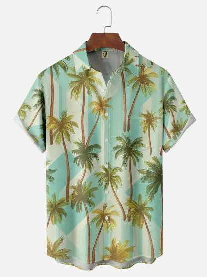 Moisture-wicking Tropical Palm Tree Chest Pocket Hawaiian Shirt