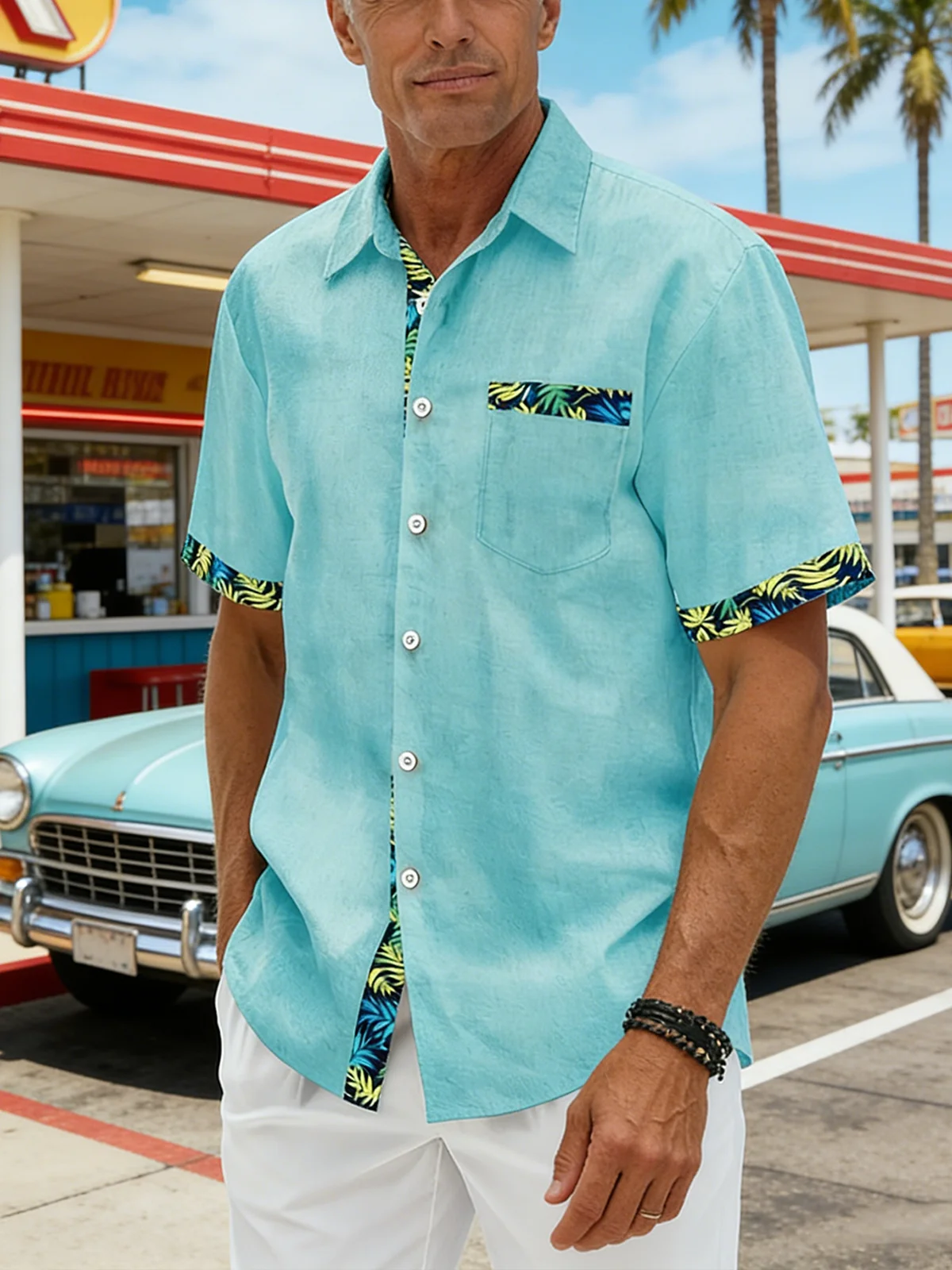Linen Texture Plant Based Solid Color Patchwork Chest Pocket Holiday Hawaiian Shirt