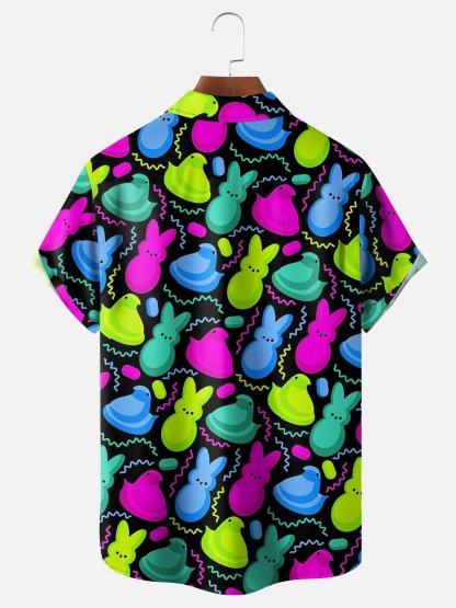 Tall Size Moisture Wicking Easter Egg Bunny Chest Pocket Hawaiian Shirt