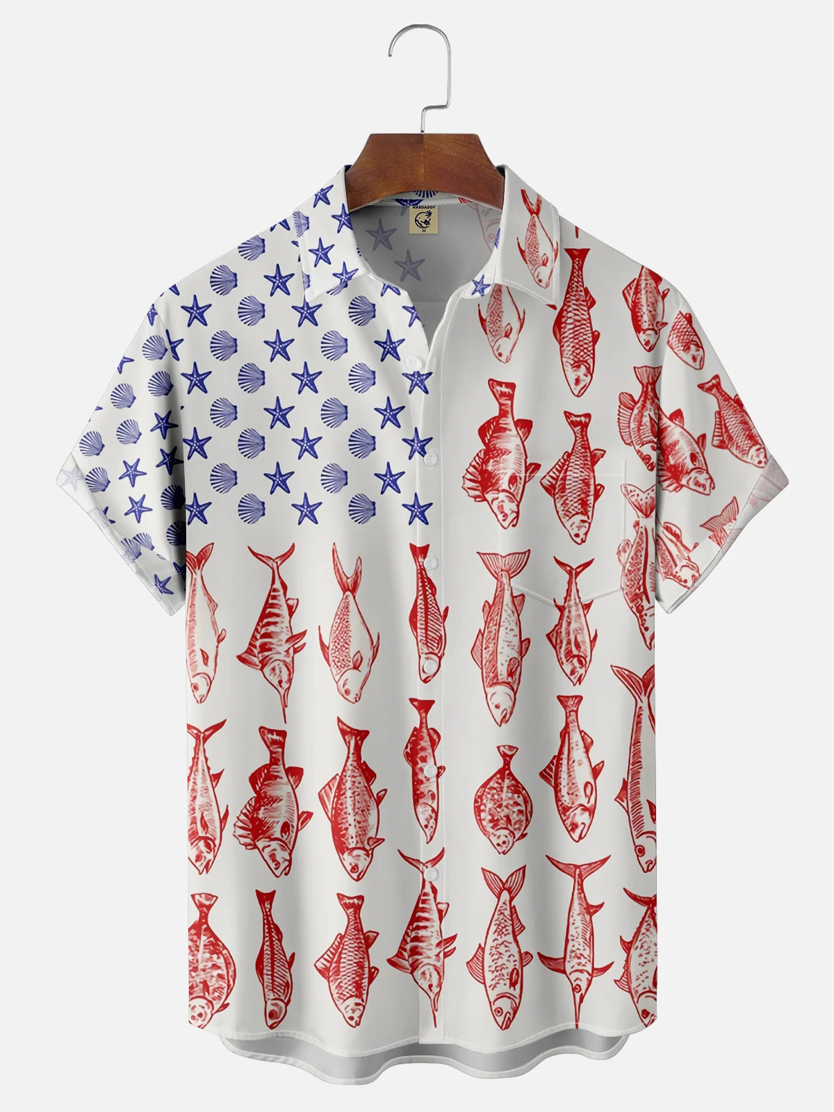 Moisture Wicking American Flag Fish Chest Pocket Hawaiian Shirt