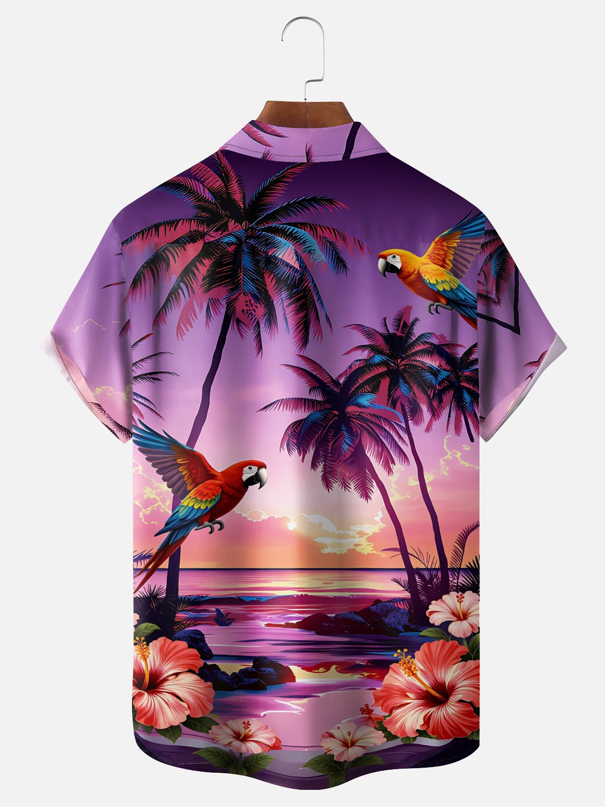 Moisture-Wicking Gradient Coconut Tree Hibiscus Parrot Chest Pocket Hawaiian Shirt