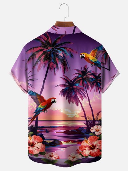 Moisture-Wicking Gradient Coconut Tree Hibiscus Parrot Chest Pocket Hawaiian Shirt