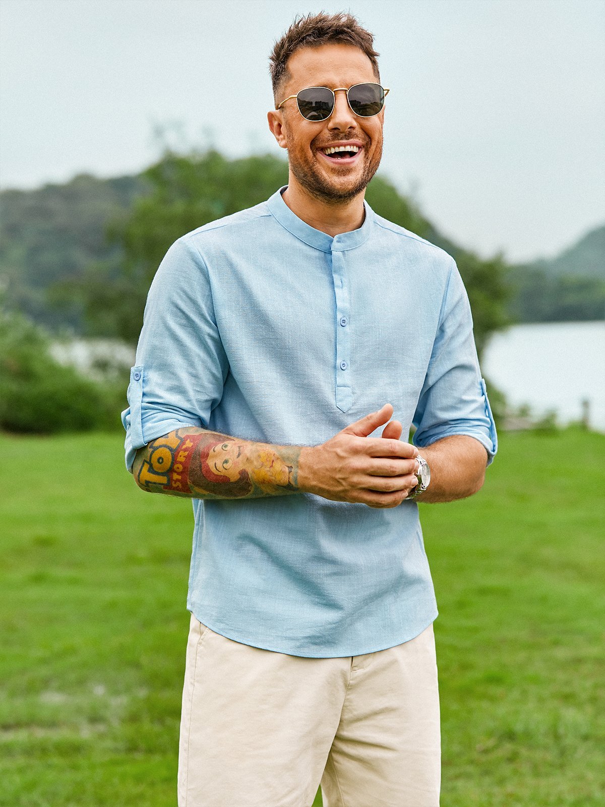 Cotton Linen Plain Color Casual Light Blue Regular Fit Long Sleeve Shirt Hawaiian Shirts For Men