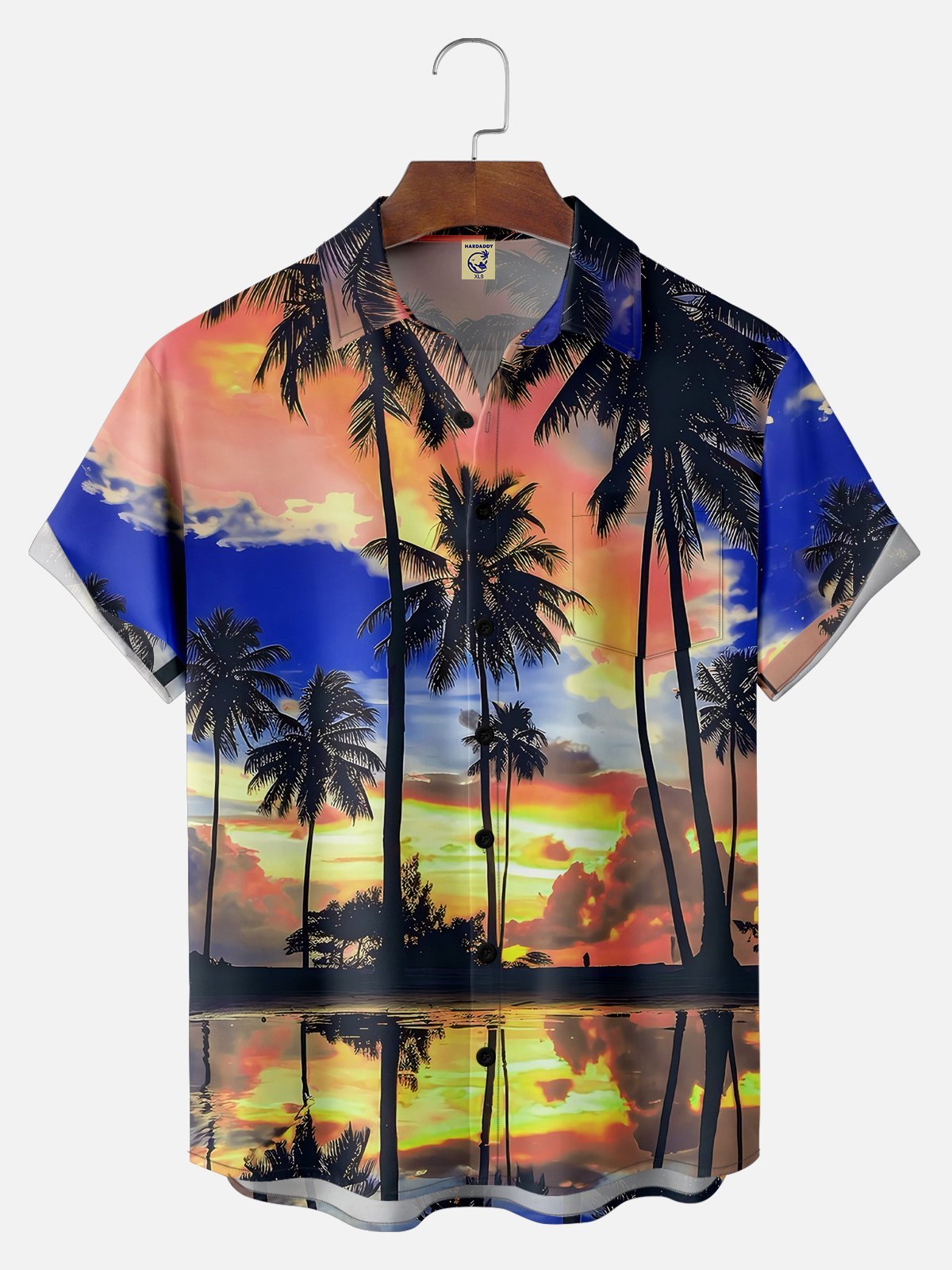 Big Size Moisture-wicking Beach Sunset Coconut Tree Chest Pocket Hawaiian Shirt