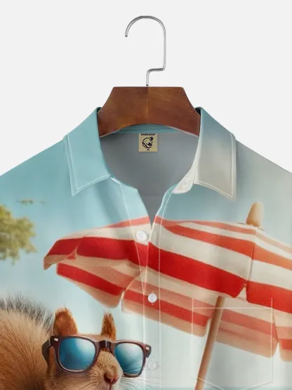 Moisture-wicking Squirrel Beach Vacation Fun Chest Pocket Hawaiian Shirt