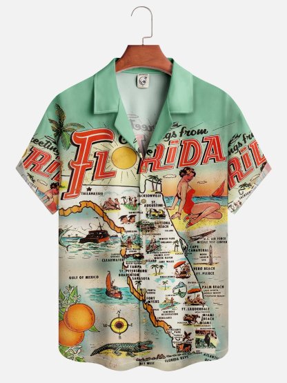 Moisture-wicking Vacation Map Chest Pocket Hawaiian Shirt