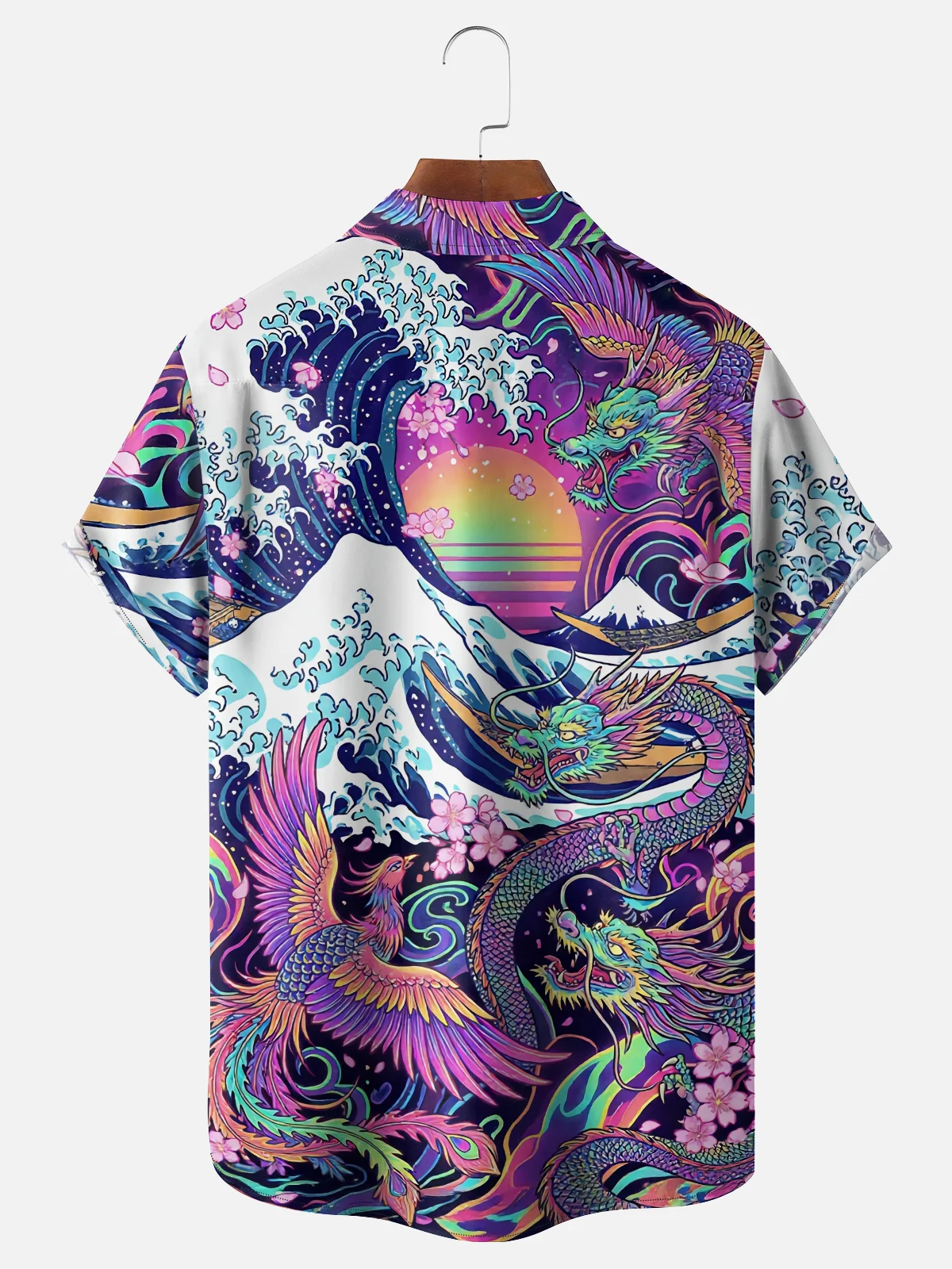 Moisture Wicking Japanese Ukiyo-e Wave Dragon Phoenix Chest Pocke Holiday Hawaiian Shirt