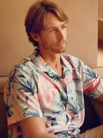 Men's Printed Casual Breathable Flamigo Short Sleeve Hawaiian Shirt