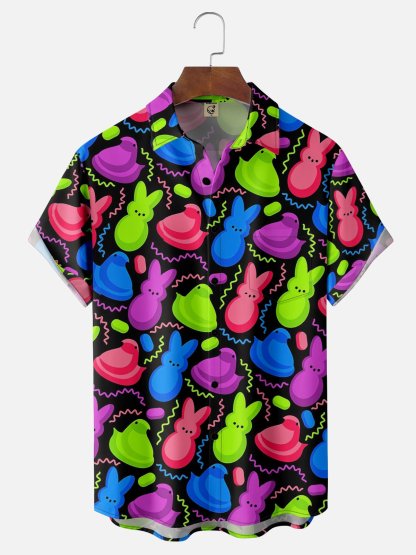 Tall Size Moisture Wicking Easter Egg Bunny Chest Pocket Hawaiian Shirt