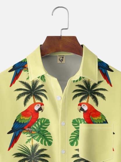 Moisture-Wicking  Coconut Trees Palm Leaves Parrots Chest Pocket Hawaiian Shirt