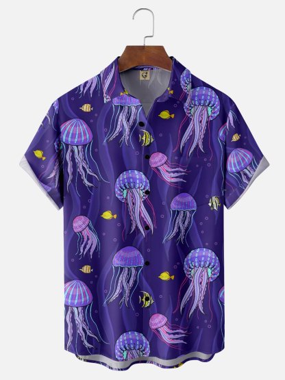 Moisture-wicking Marine Jellyfish Chest Pocket Hawaiian Shirt
