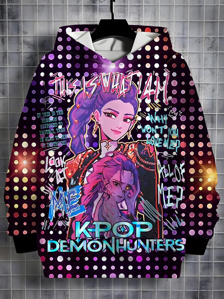 Girls Kpop Demon Hunters Hoodie, Casual Fall Winter Sportswear, Fitted Random Print Design, Durable Outdoor Activity, Christmas Gift