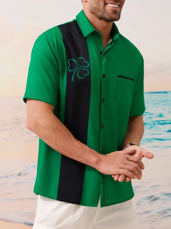Hawaiian Button Up Shirt for Men Green St. Patrick's Day Lucky Clover Regular Fit Short Sleeve Bowling Shirt St Paddy's Day Shirt