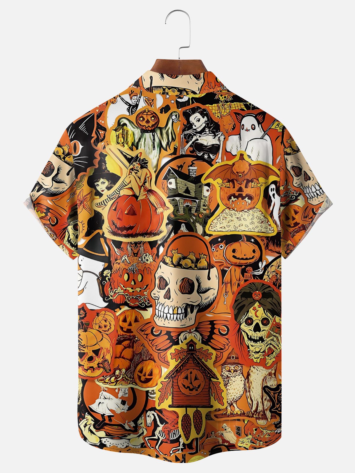 Moisture-Wicking Halloween Skull Pumpkin Beauty Ghost Chest Pocket Hawaiian Shirt