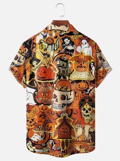 Moisture-Wicking Halloween Skull Pumpkin Beauty Ghost Chest Pocket Hawaiian Shirt