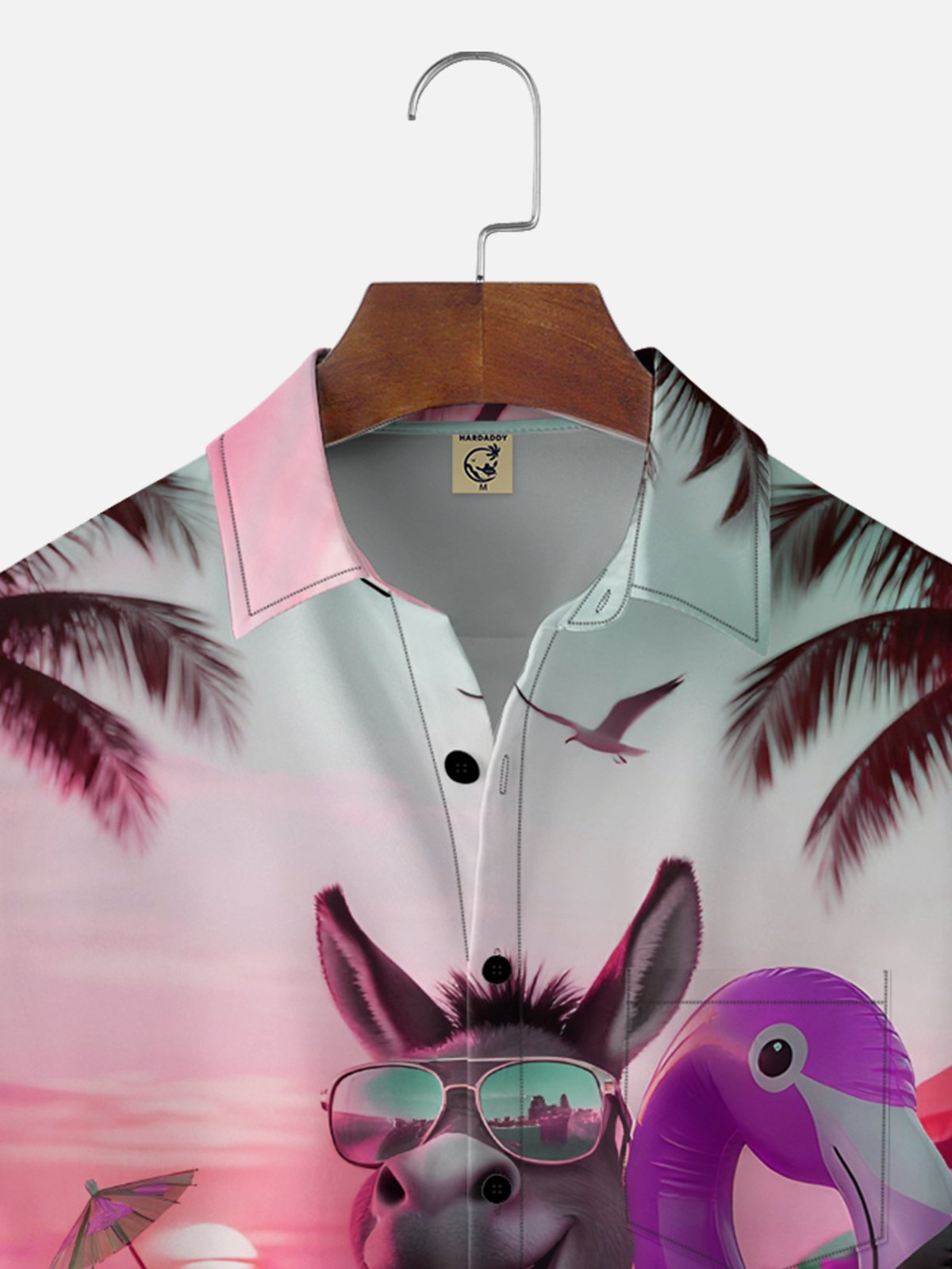 Moisture-wicking Donkey Flamingo Coconut Tree Beach Chest Pocket Hawaiian Shirt