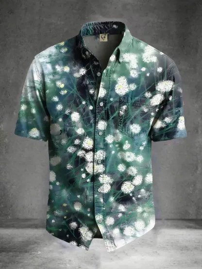 Moisture Wicking  Abstract Gradient Floral Botanical Print and Chest Pocket Holiday Hawaiian Shirt