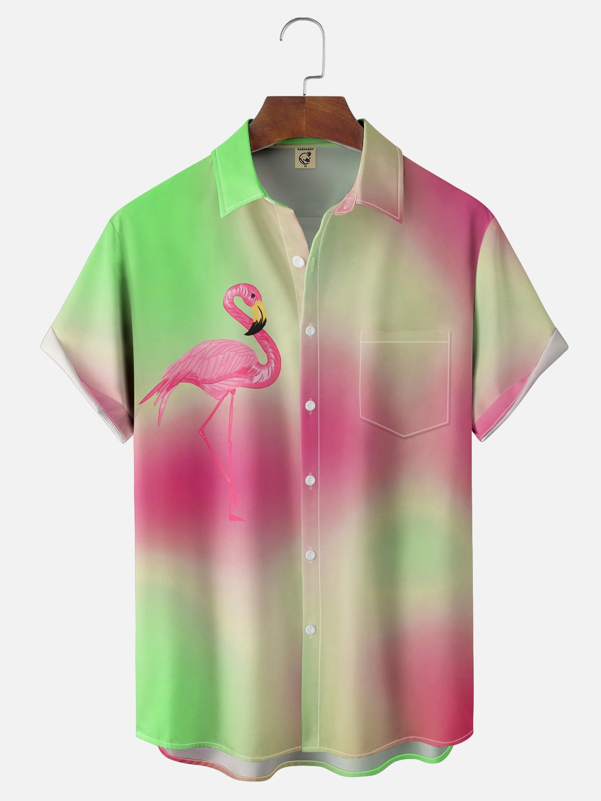 Flamingo Gradient Color Chest Pocket Short Sleeve Hawaiian Shirt