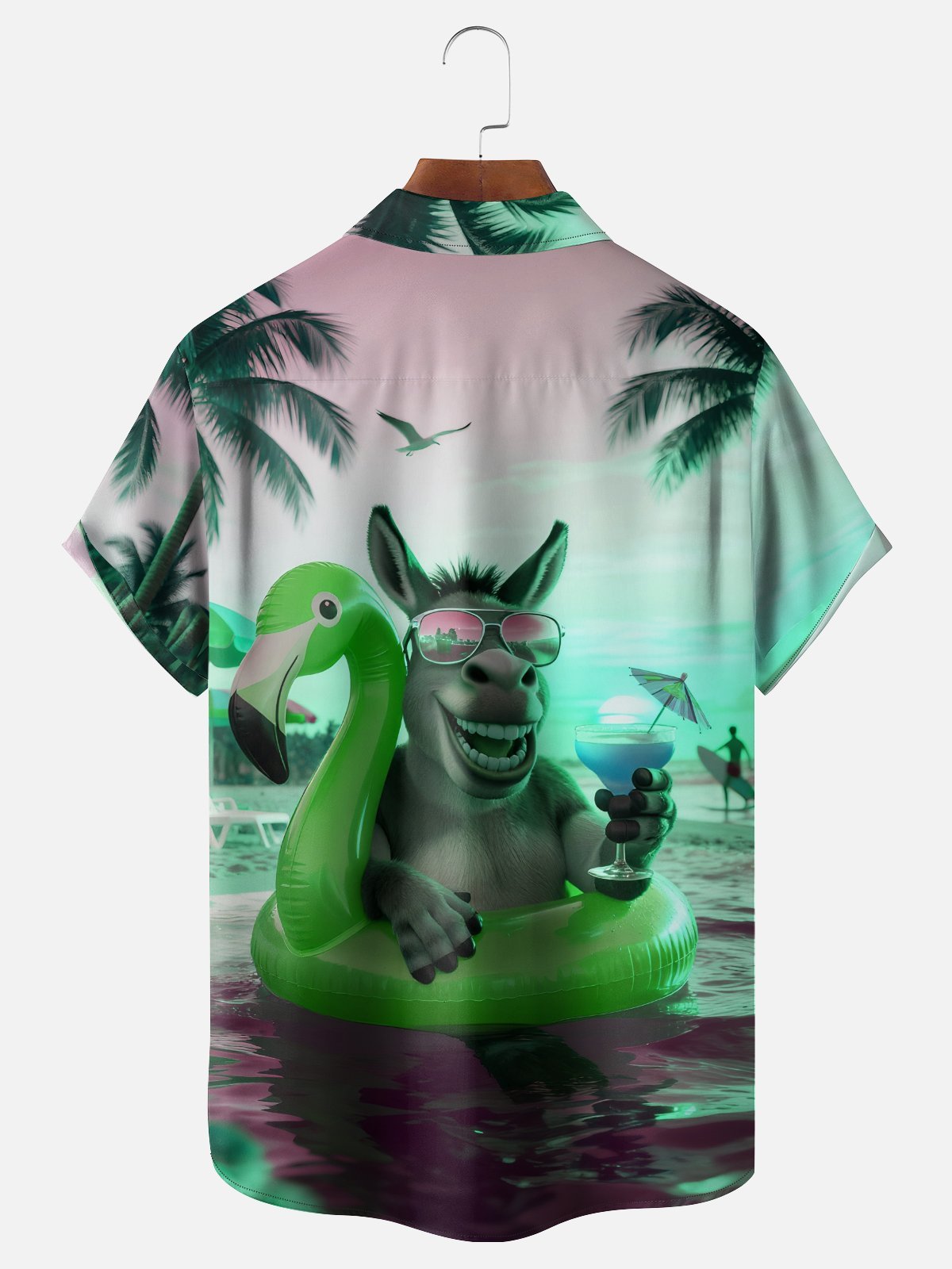Moisture-wicking Donkey Flamingo Coconut Tree Beach Chest Pocket Hawaiian Shirt