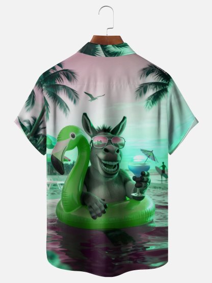 Moisture-wicking Donkey Flamingo Coconut Tree Beach Chest Pocket Hawaiian Shirt