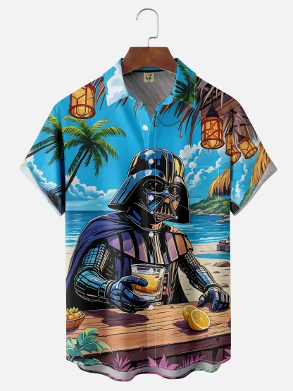 Moisture-wicking Star Beach Coconut Tree Chest Pocket Hawaiian Shirt