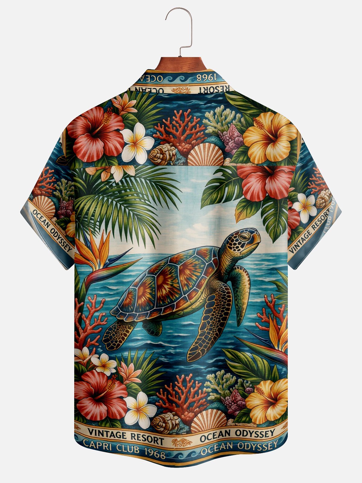 Moisture Wicking Leafy Flowers Ocean Turtle Chest Pocke Holiday Hawaiian Shirt