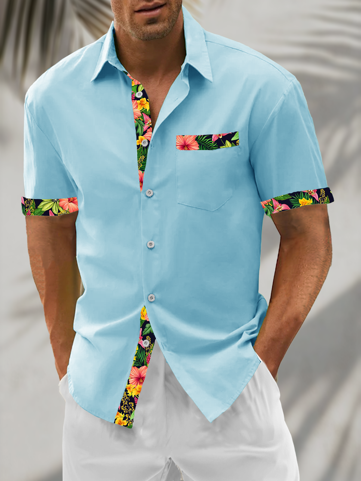 Linen Textured Solid & Botanical Floral Patchwork with Chest Pocket Holiday Hawaiian Shirt