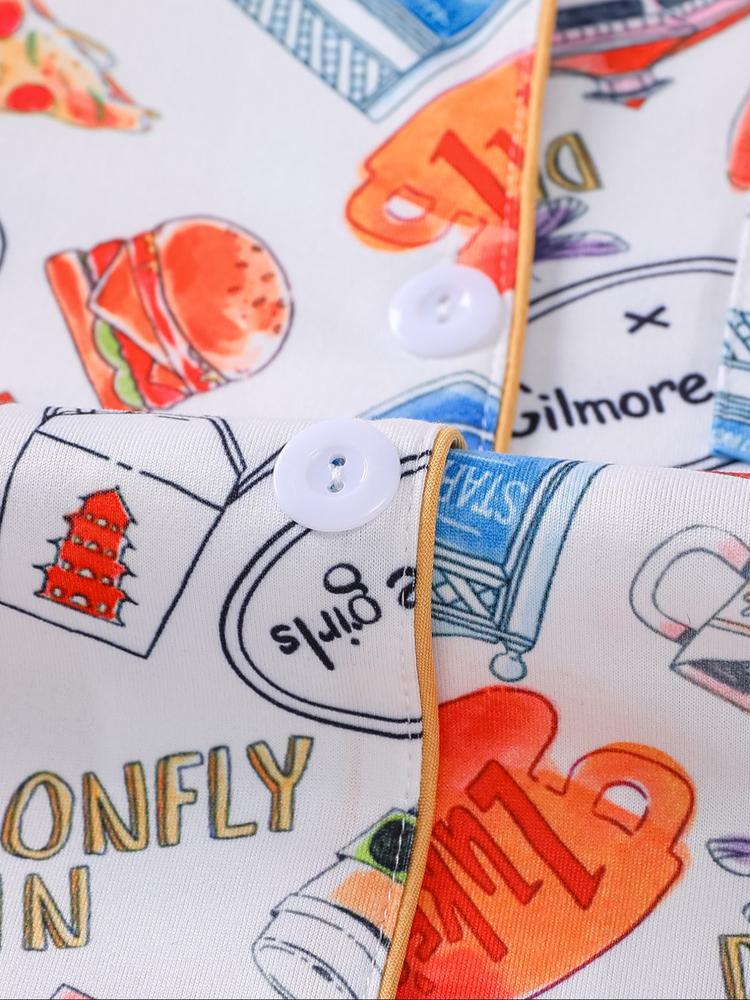 Women's Stars Hollow Gilmore Girls Pajama Set, Casual Fitted Long Sleeve Top & Elastic Pants, Comfortable Sleepwear for Holiday Party