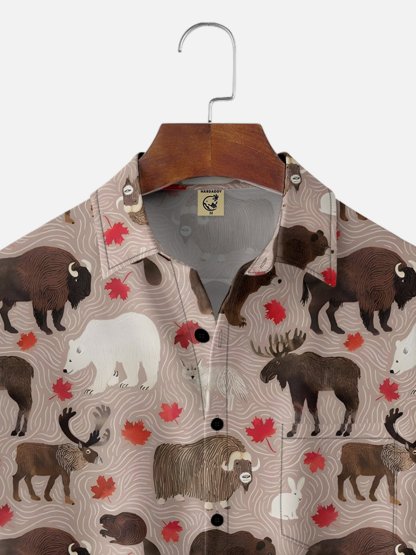 Moisture-wicking Canada Day Animal Maple Leaf Chest Pocket Hawaiian Shirt