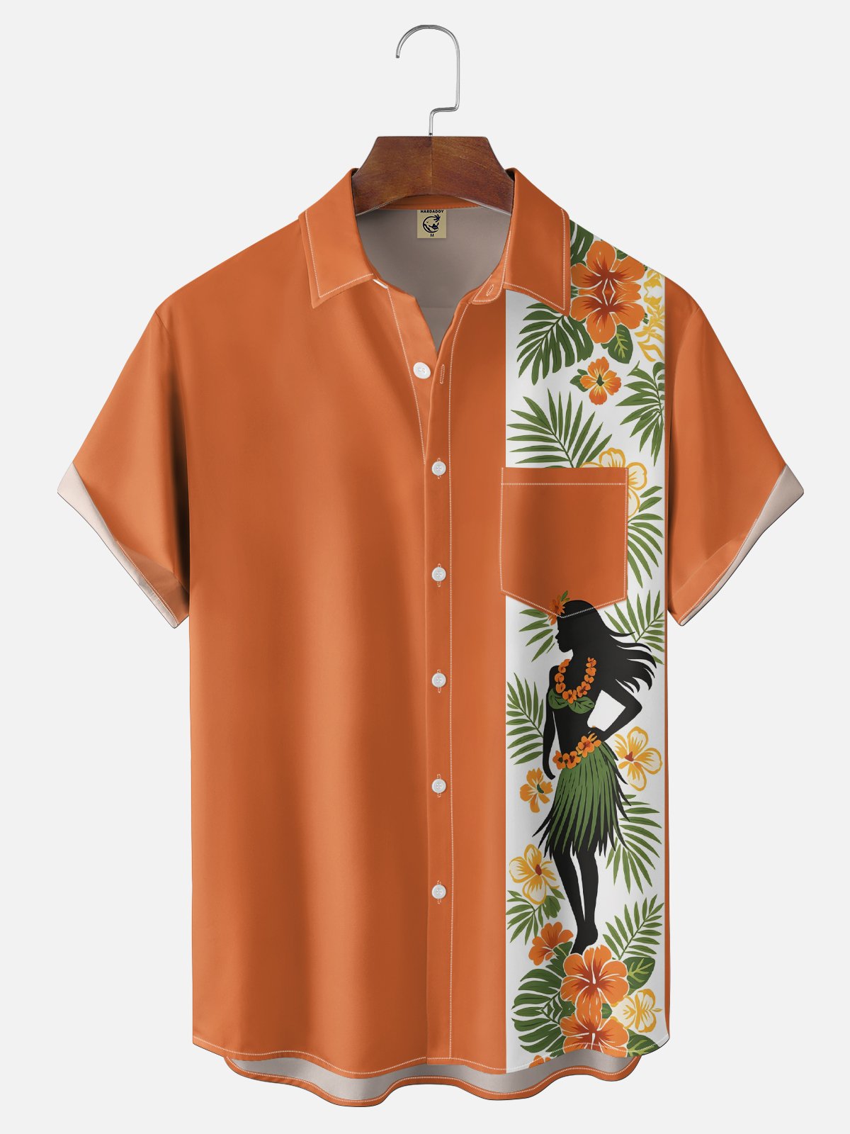 Moisture-Wicking Gradient Leaf Floral Hula Girl Chest Pocket Hawaiian Shirt