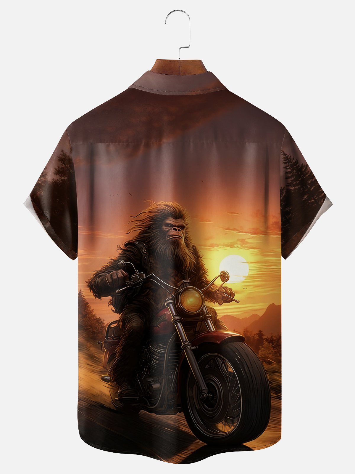 Moisture-Wicking Fun Motorcycle & Bigfoot Chest Pocket Holiday Hawaiian Shirt