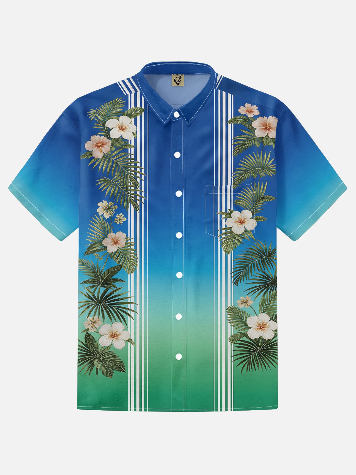 Moisture-Wicking Tropical Gradient Botanical Floral Vintage Car Chest Pocket Detail Festive Hawaiian Shirt