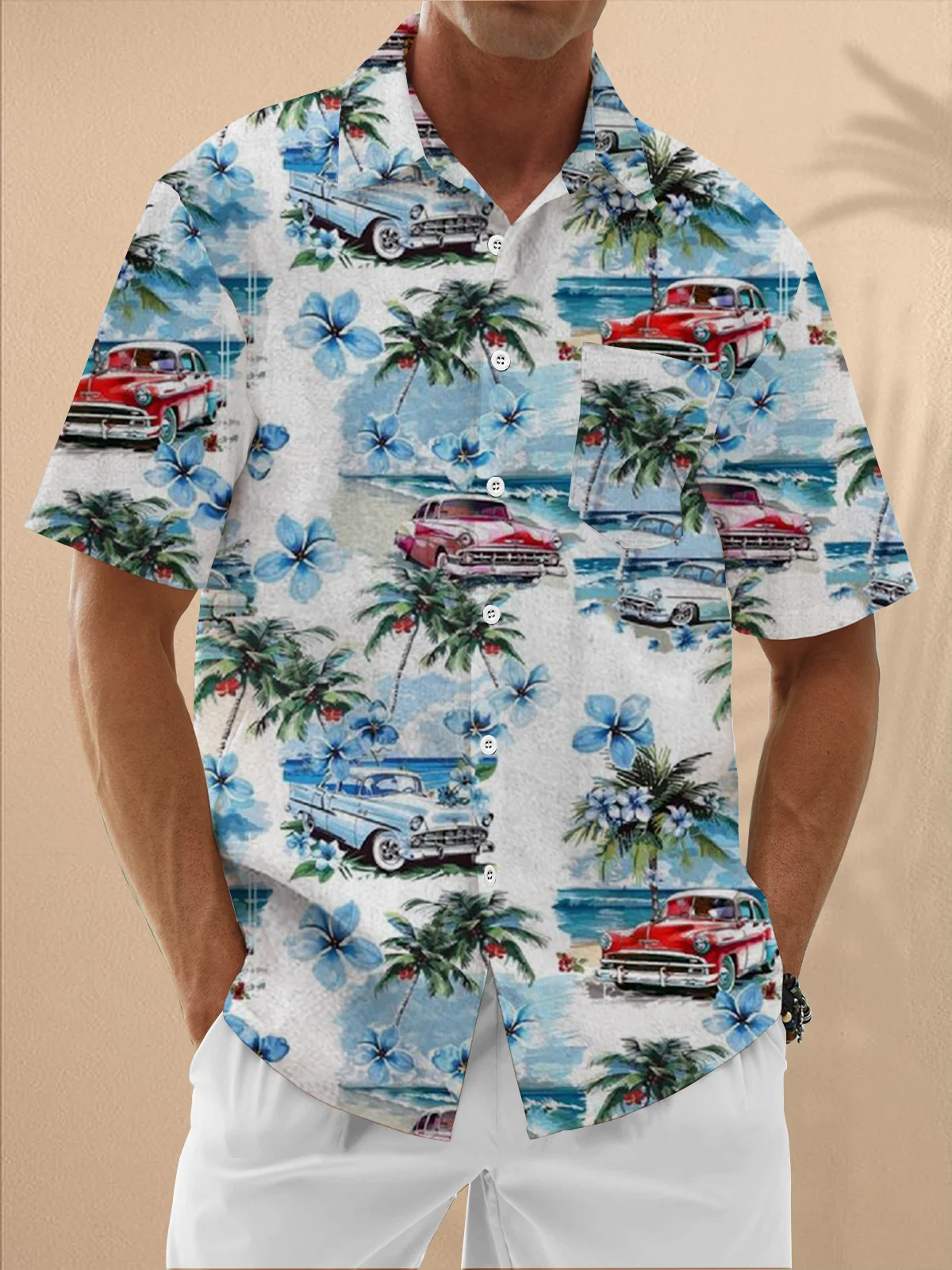 Moisture Wicking Gradient Coconut Tree Vintage Car Chest Pocket Hawaiian Shirt