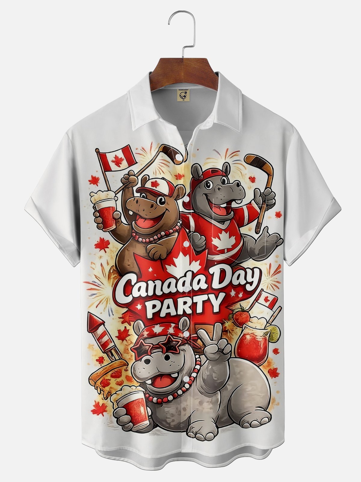 Moisture Wicking Canada Day Maple Leaf Flag Hippo Hockey Chest Pocke Holiday Hawaiian Shirt
