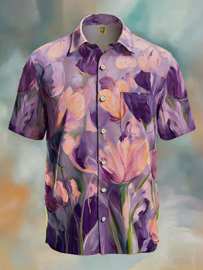 Moisture-wicking Floral Tulips Chest Pocket Hawaiian Shirt
