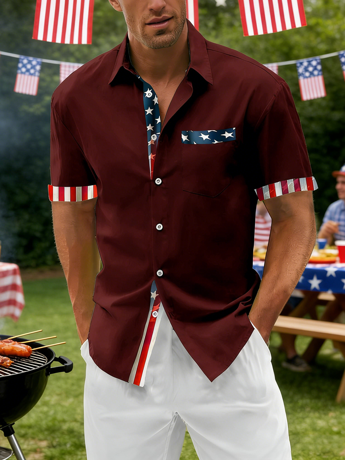 Moisture Wicking Solid Color Patchwork American Flag 250th Anniversary Chest Pocke Holiday Hawaiian Shirt
