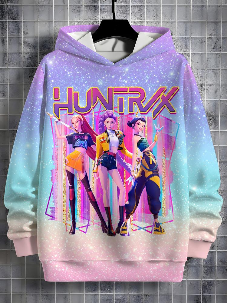 Girls Kpop Demon Hunters Korean Fashion Hoodie, Spring & Fall Comfortable Sweatshirt, Random Print Design, Durable Outdoor Activity Wear