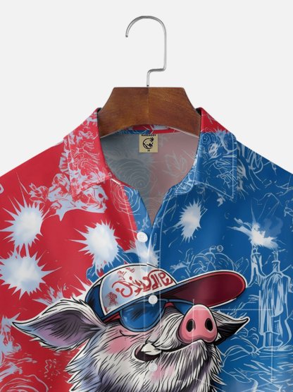 Moisture-Wicking U.S. Independence Day Anniversary Wild Boar Chest Pocket Holiday Hawaiian Shirt