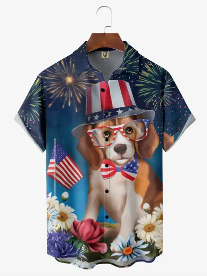 Moisture-wicking American Flag Cartoon Puppy Chest Pocket Hawaiian Shirt