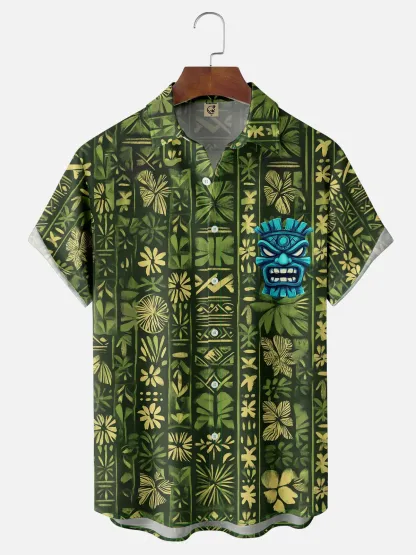 Moisture-wicking Tiki Chest Pocket Hawaiian Shirt