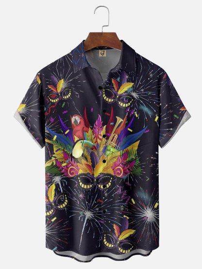 Mens Mardi Gras Carnival Masks Print Casual Breathable Short Sleeve Hawaiian Shirts
