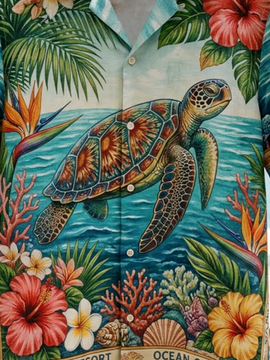 Moisture Wicking Leafy Flowers Ocean Turtle Chest Pocke Holiday Hawaiian Shirt