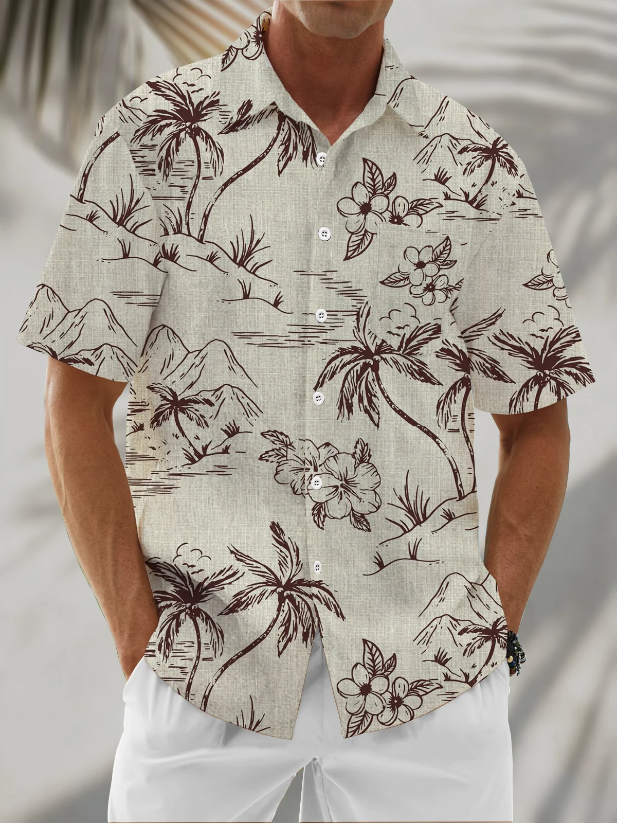 Linen Texture Botanical Print Chest Pocket Holiday Hawaiian Shirt