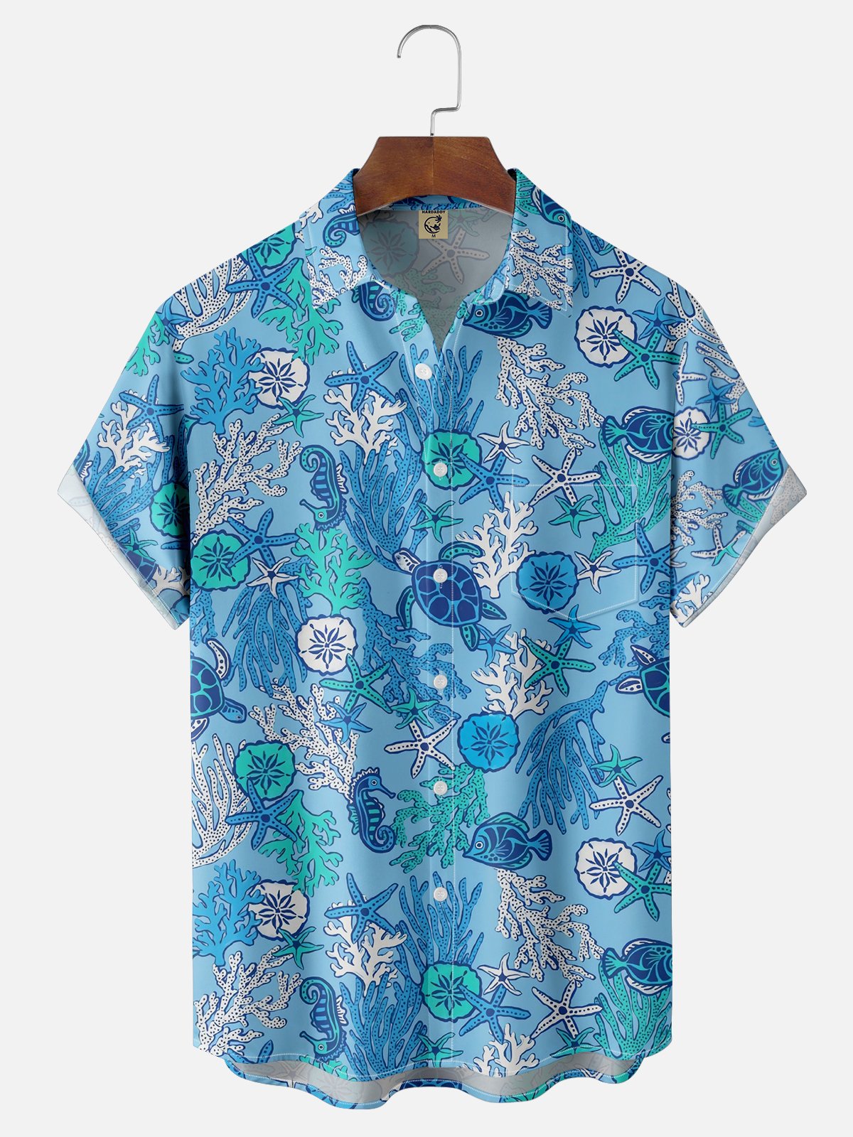 Moisture-wicking Marine Life Coral Sea Turtle Starfish Jellyfish Chest Pocket Hawaiian Shirt