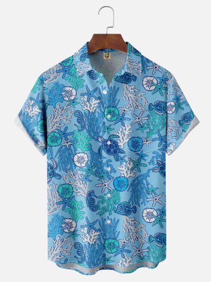 Moisture-wicking Marine Life Coral Sea Turtle Starfish Jellyfish Chest Pocket Hawaiian Shirt